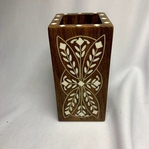 Bone Inlay, Wooden Pen Holder, Made in India, Lovely, 2.5 x 5 Inches